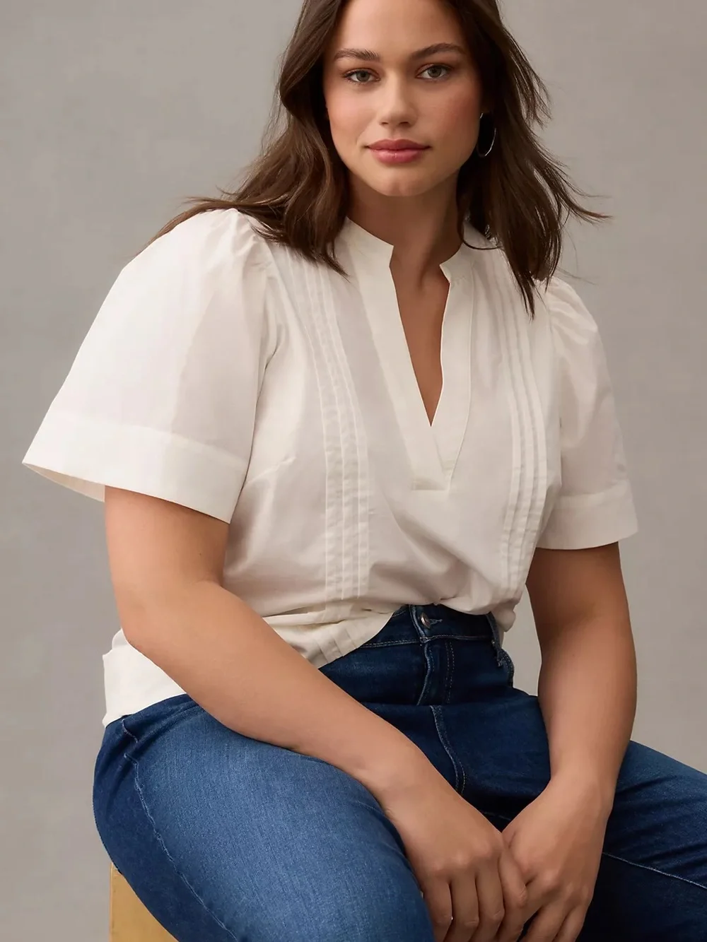 Anthropologie Maeve Poplin Pintuck White Blouse Plus Size 14 Fall Crisp Office